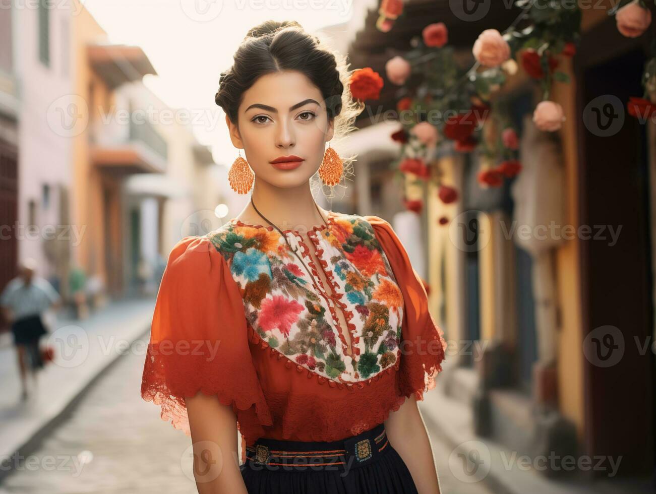 AI generated Latin American, Mexican girl in a national costume on the street of a Latin American city on sunny day. National Festival. Photorealistic, background with bokeh effect. AI generated. photo