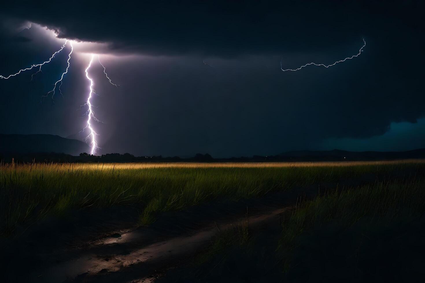 AI generated lightning strikes over a field in the dark photo