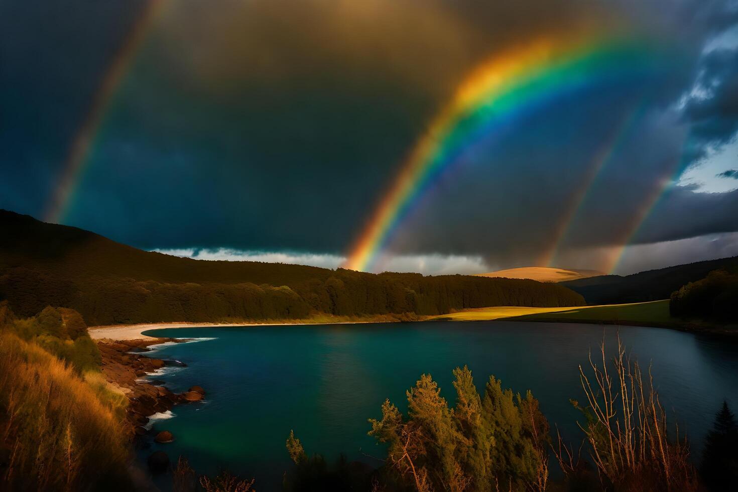 AI generated a rainbow over a lake and mountains photo