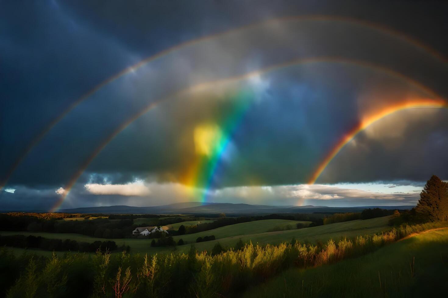 AI generated a rainbow over a field with trees and hills photo