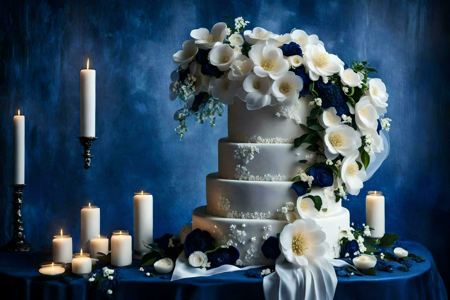 AI generated a wedding cake with white flowers and candles photo