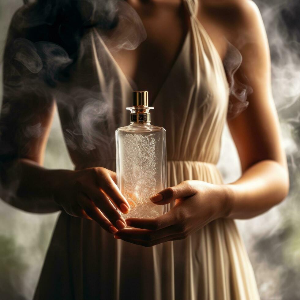 AI generated A sophisticated image of a woman's hand holding a perfume bottle photo