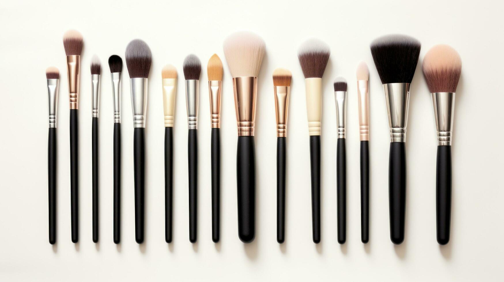 AI generated A set of makeup brushes and tools arranged artistically on a white background photo
