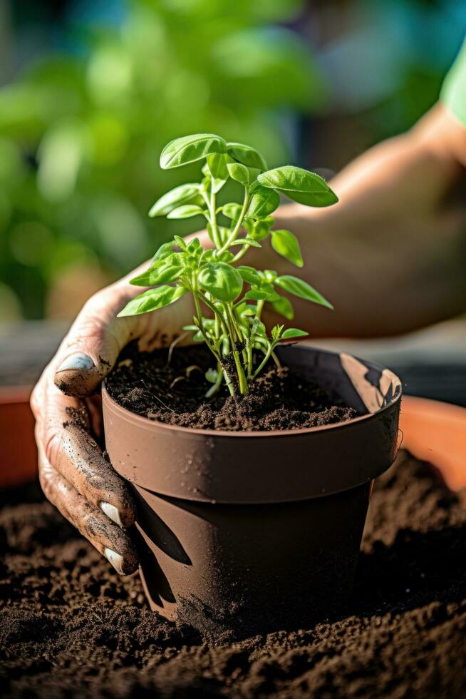 AI generated gardener using a trowel to plant a seedling in a pot with a vibrant, green background photo