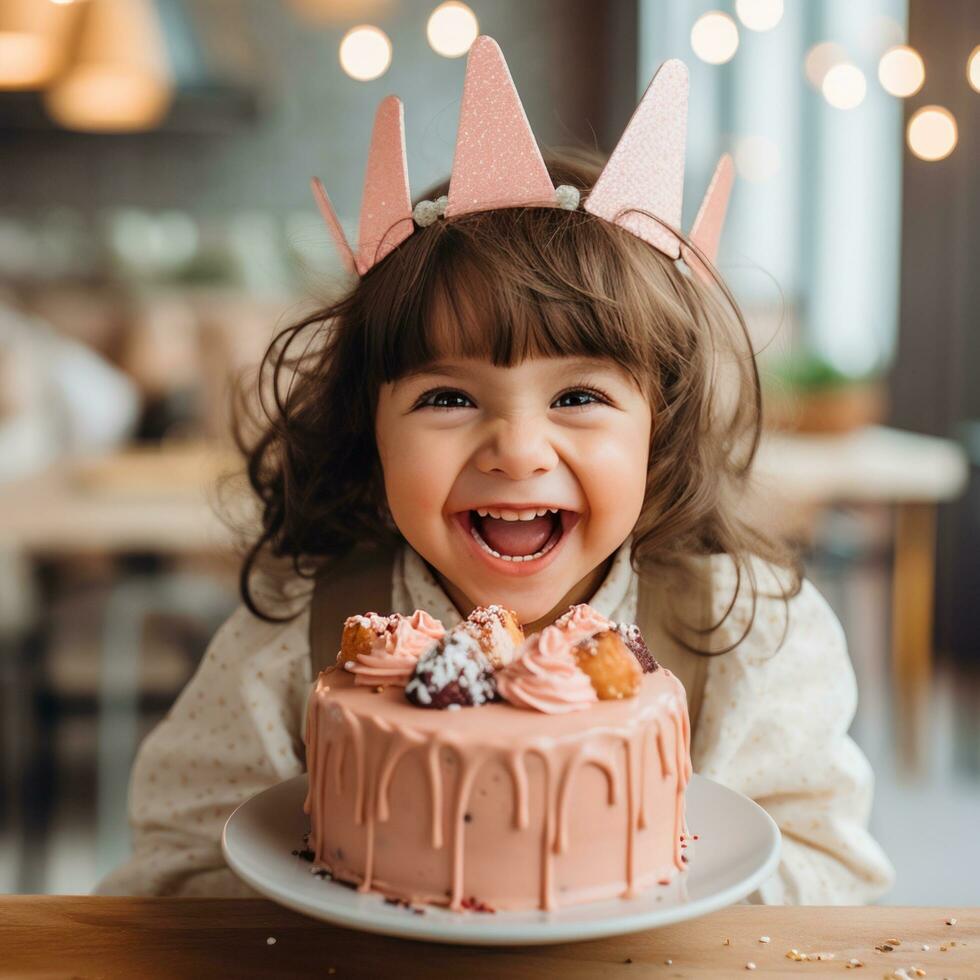 AI generated An adorable toddler wearing a party hat and holding a slice of cake photo