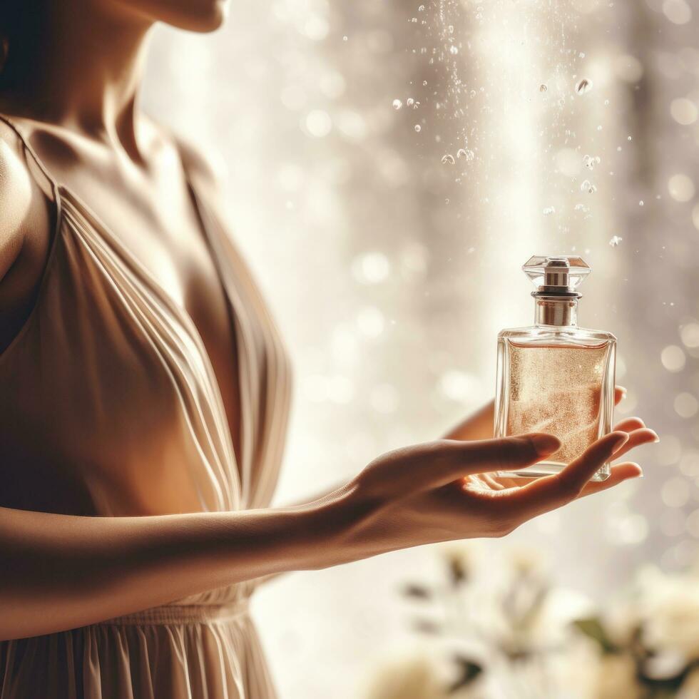 AI generated A sophisticated image of a woman's hand holding a perfume bottle photo