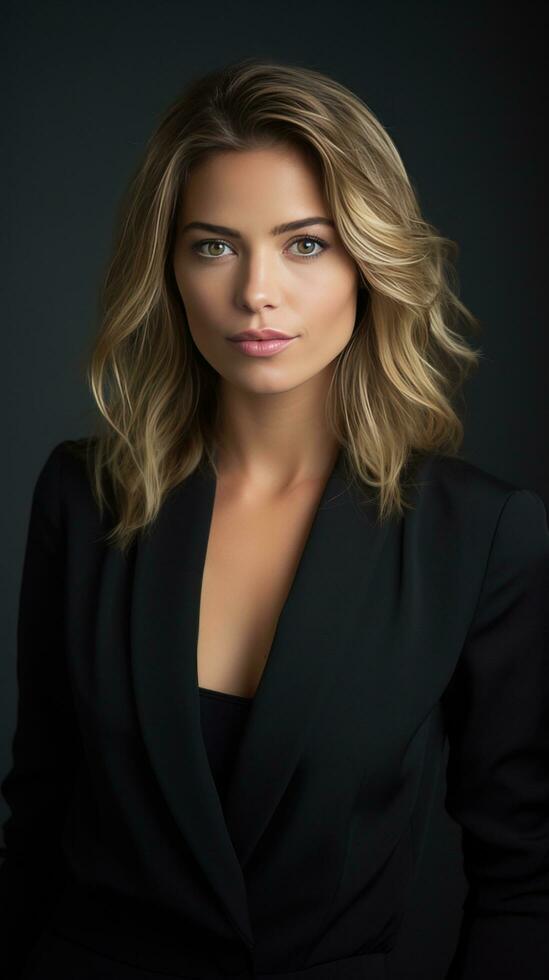AI generated A portrait of a woman wearing a chic black blazer, looking confidently at the camera photo