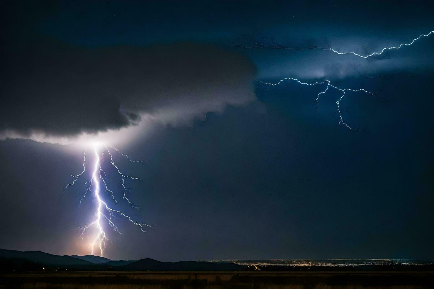 AI generated lightning strikes over the mountains in the background photo