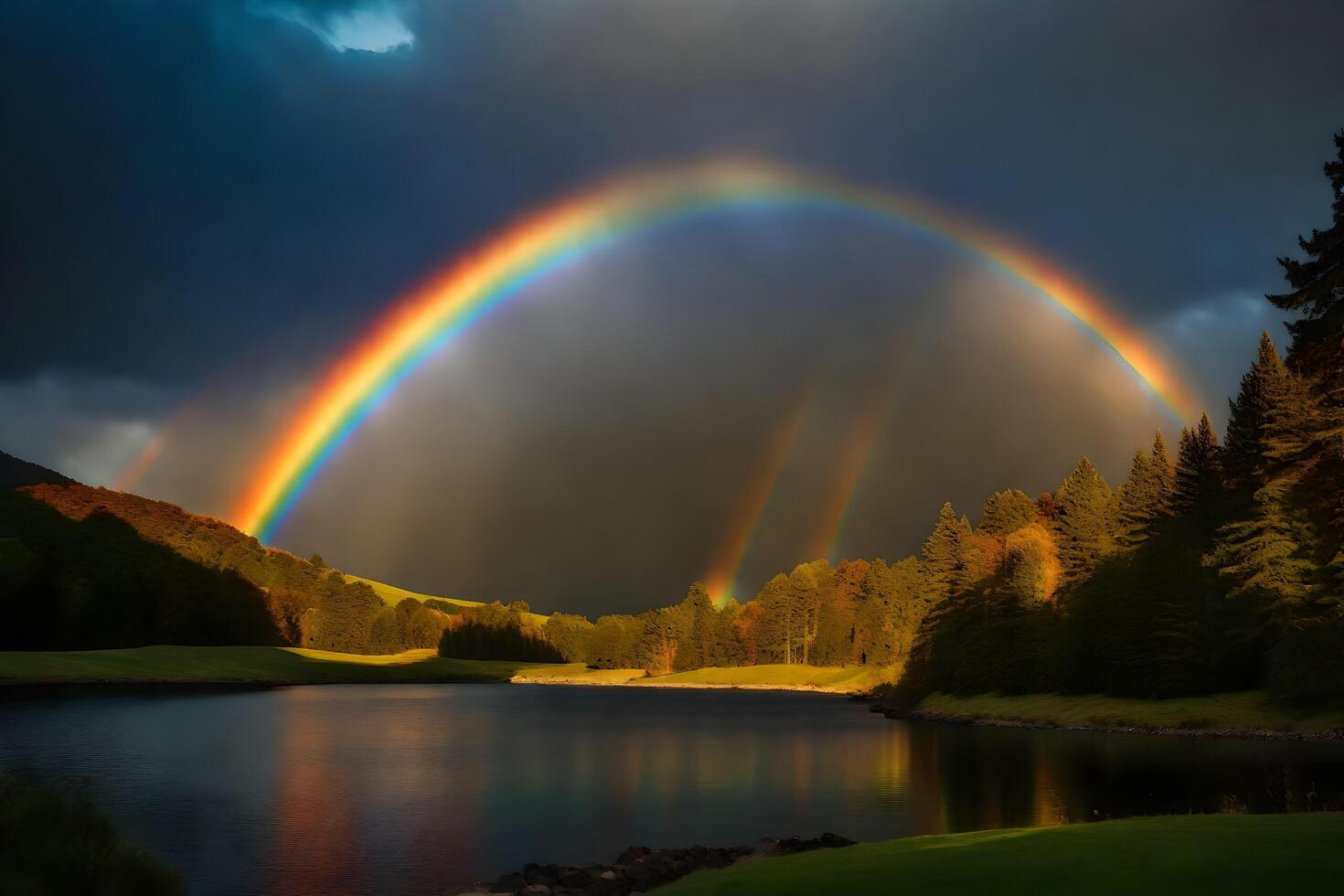 AI generated a rainbow over a lake in the forest photo