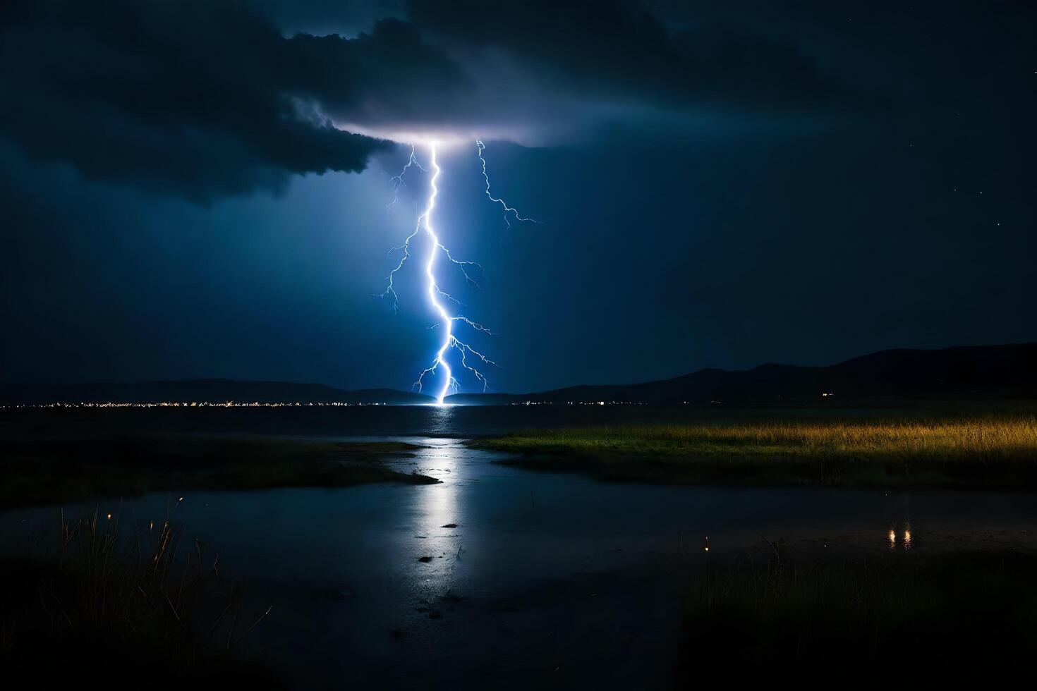 AI generated a lightning bolt is seen over a lake at night photo