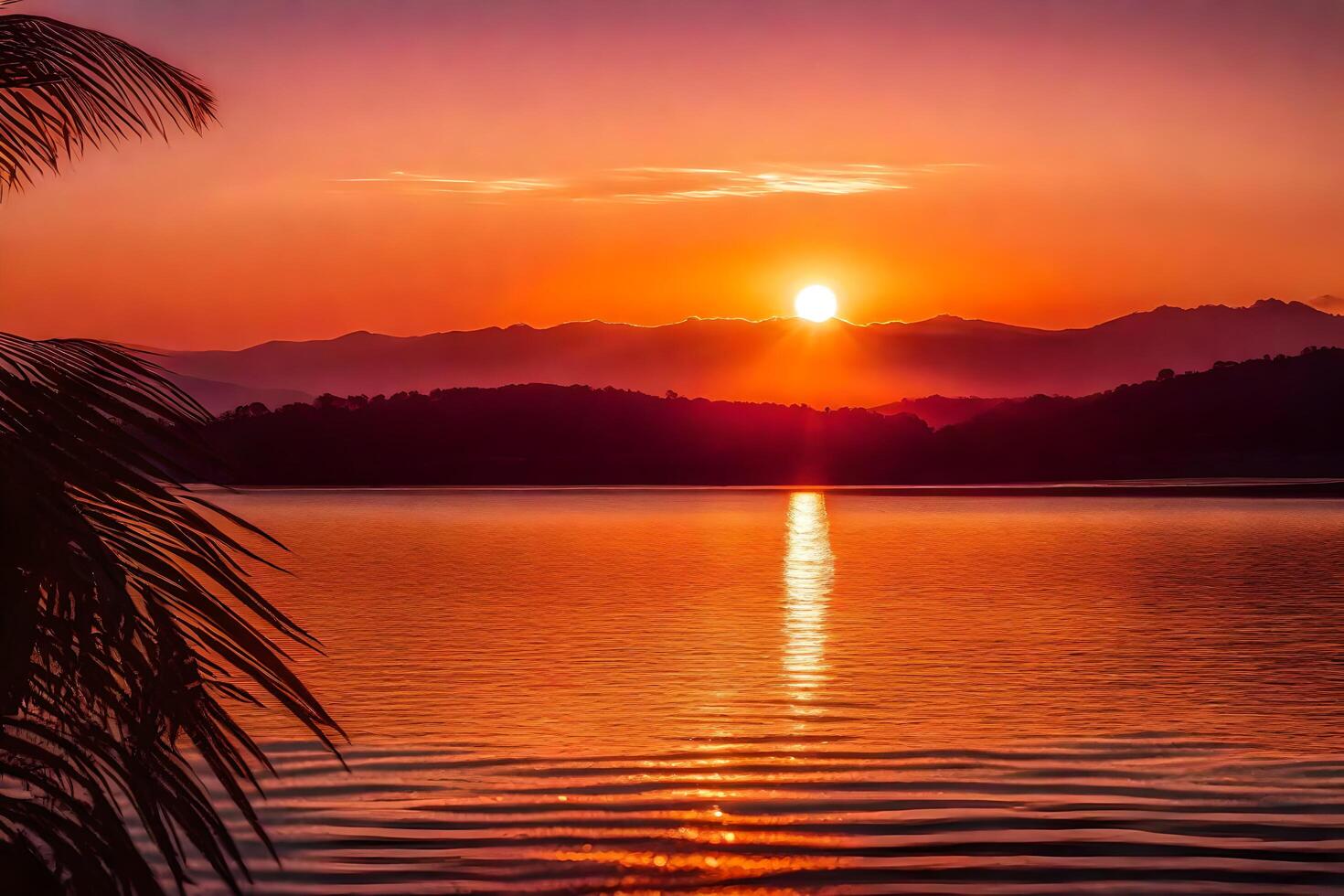 AI generated the sun sets over a lake with palm trees photo