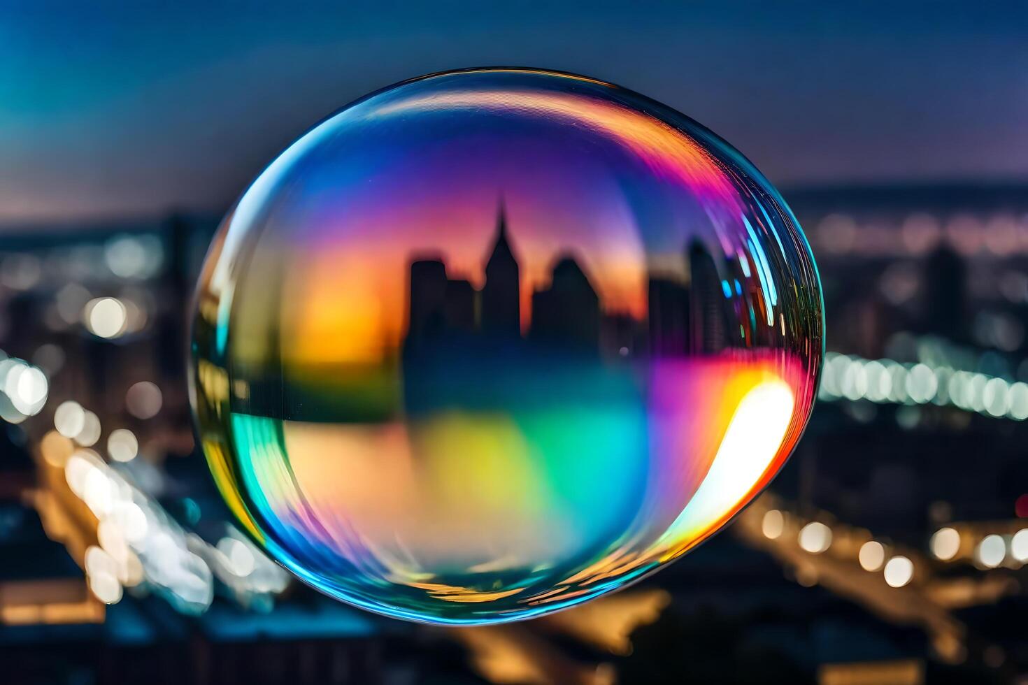 AI generated a colorful soap bubble with a city in the background photo