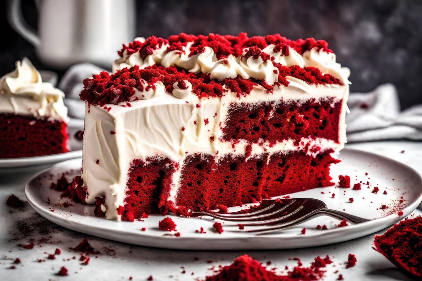 AI generated a slice of red velvet cake on a plate photo