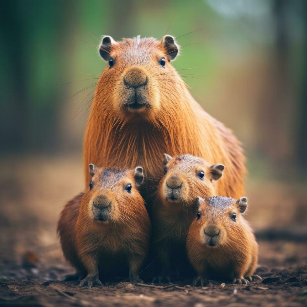 ai generado un adorable foto de un madre carpincho con su bebés, el amoroso enlace Entre estos animales