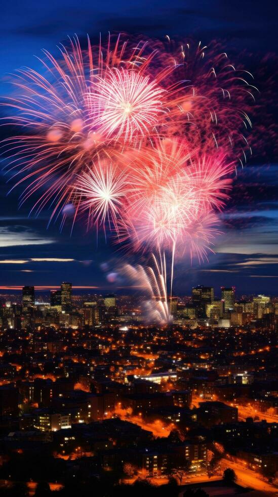 AI generated As the clock strikes midnight, fireworks illuminate the night sky, painting it with bursts of color photo