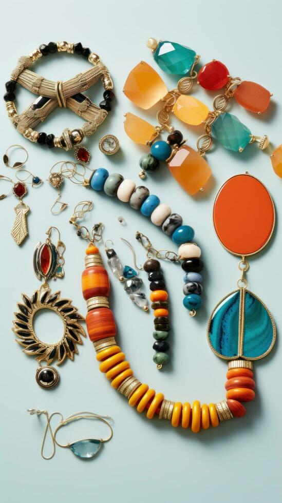 AI generated An overhead shot of a flat lay featuring a variety of colorful accessories like bracelets photo