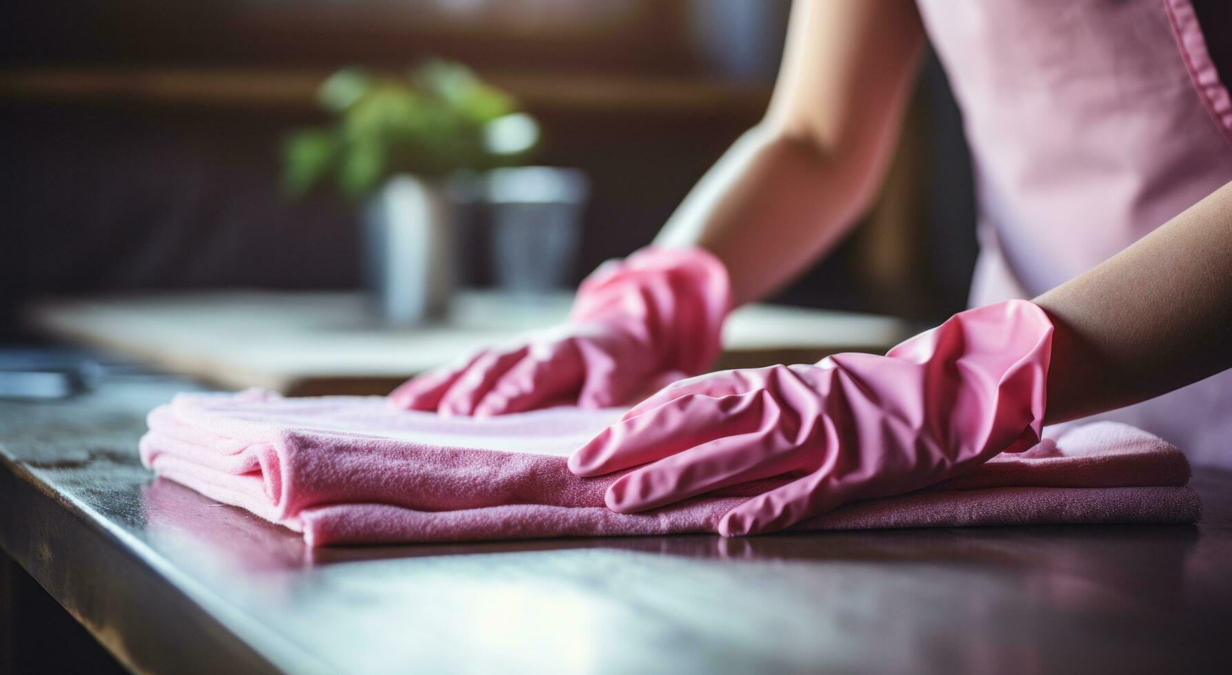 AI generated handwoman wipes a kitchen counter in pink cleaning gloves photo