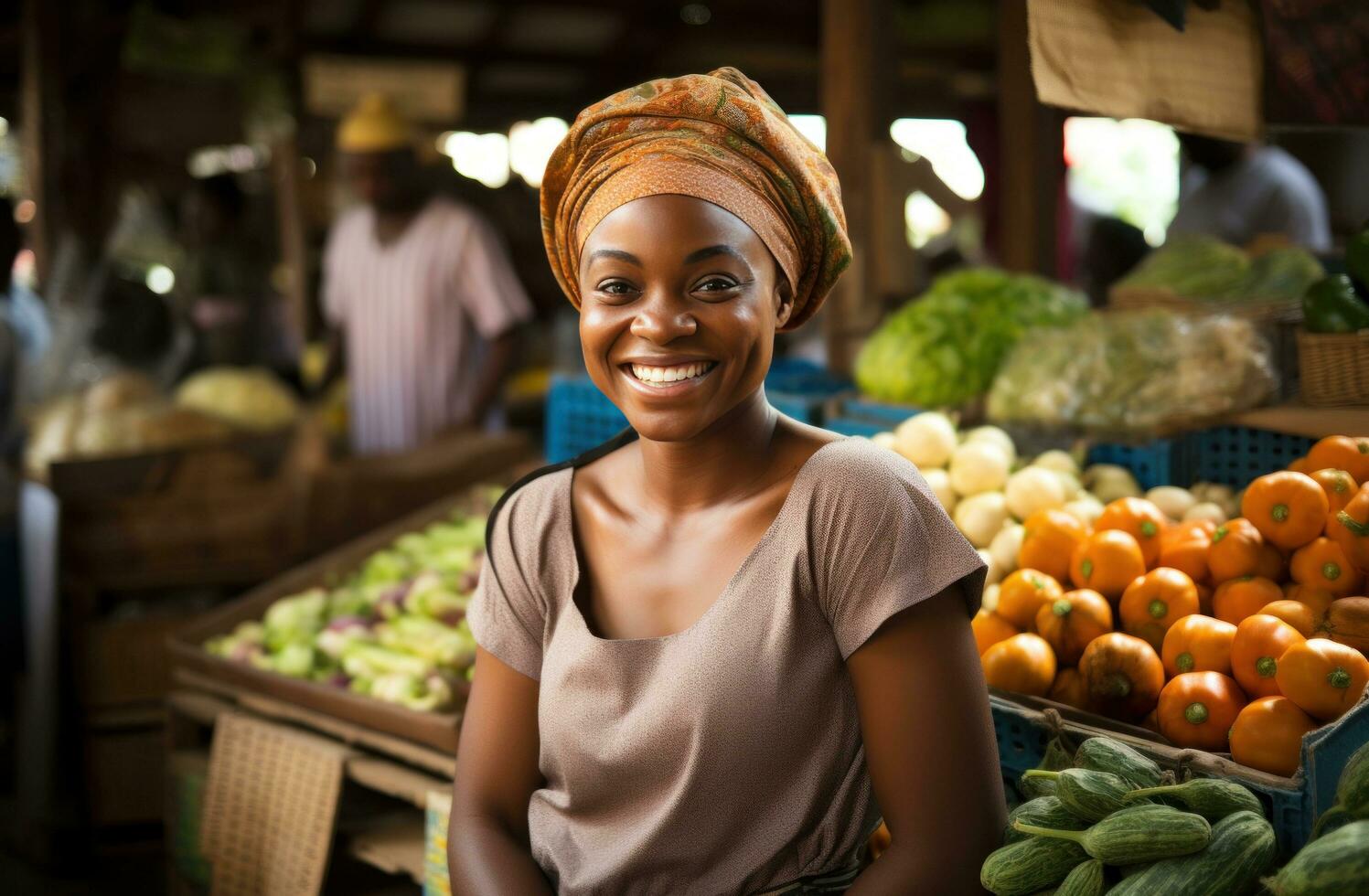 AI generated greengrocer smiles in a vegetable market photo