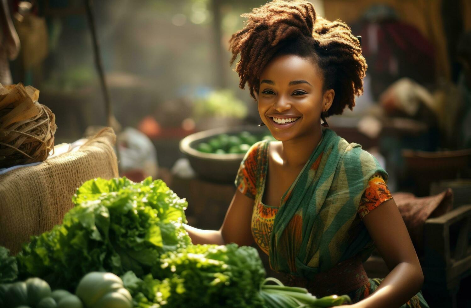 AI generated greengrocer smiles in a vegetable market photo