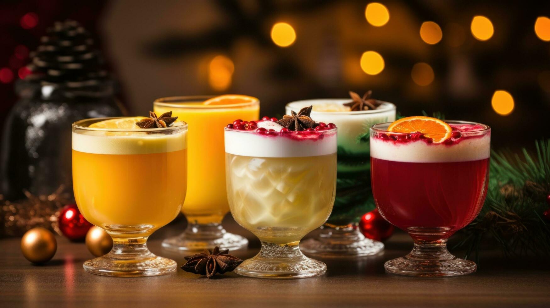 AI generated festive cocktails, including eggnog, mulled wine, and hot toddies for keeping warm on winters night. photo