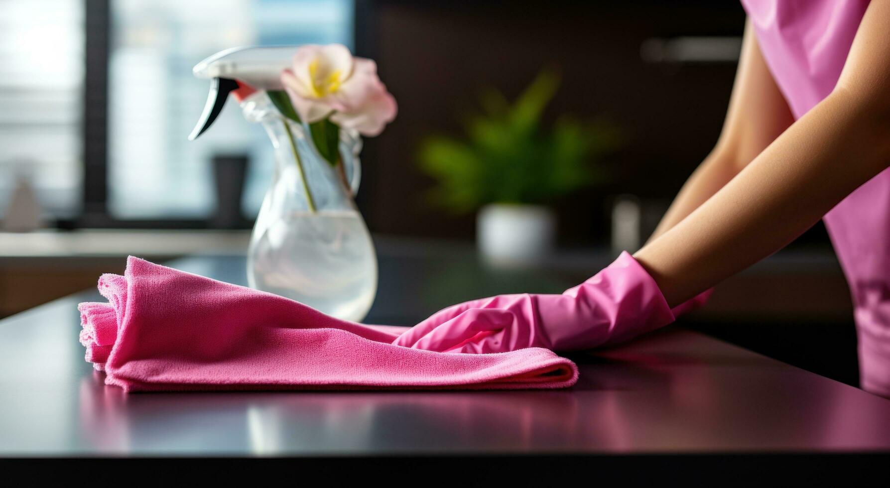 ai generado mujer de mano toallitas un cocina mostrador en rosado limpieza guantes foto