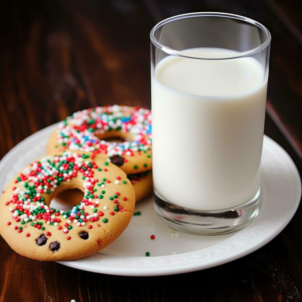 AI generated glass of milk and a plate of freshly baked Christmas cookies, complete with sprinkles and frosting. photo
