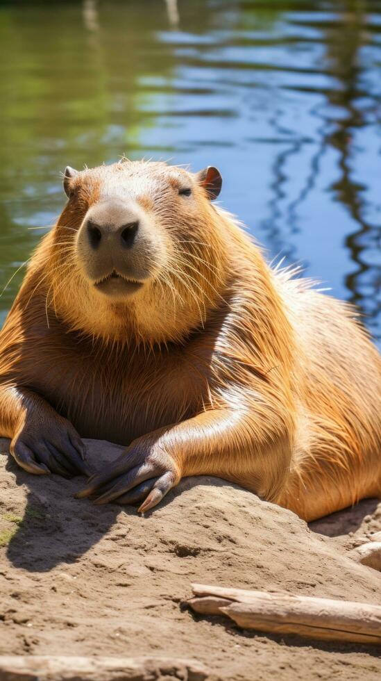 AI generated A relaxing photo of a capybara basking in the sun, enjoying a lazy afternoon