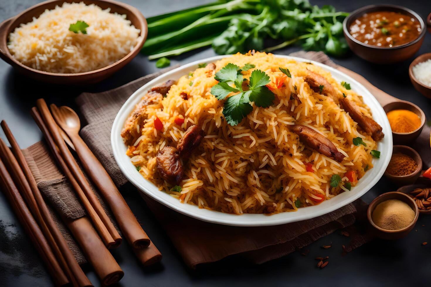 AI generated chinese food in a bowl with chopsticks and spices photo