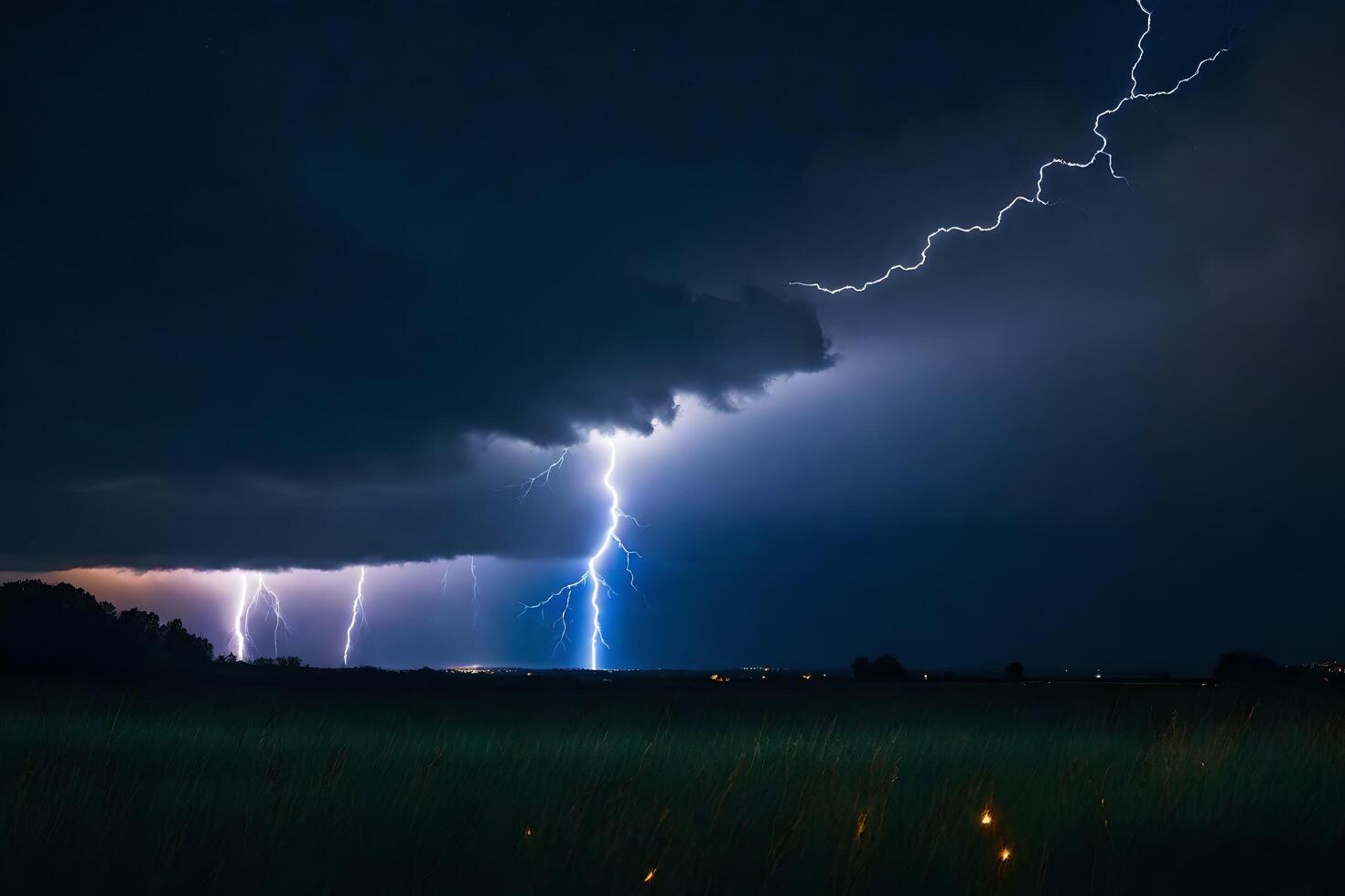 AI generated lightning strikes over a field in the dark photo