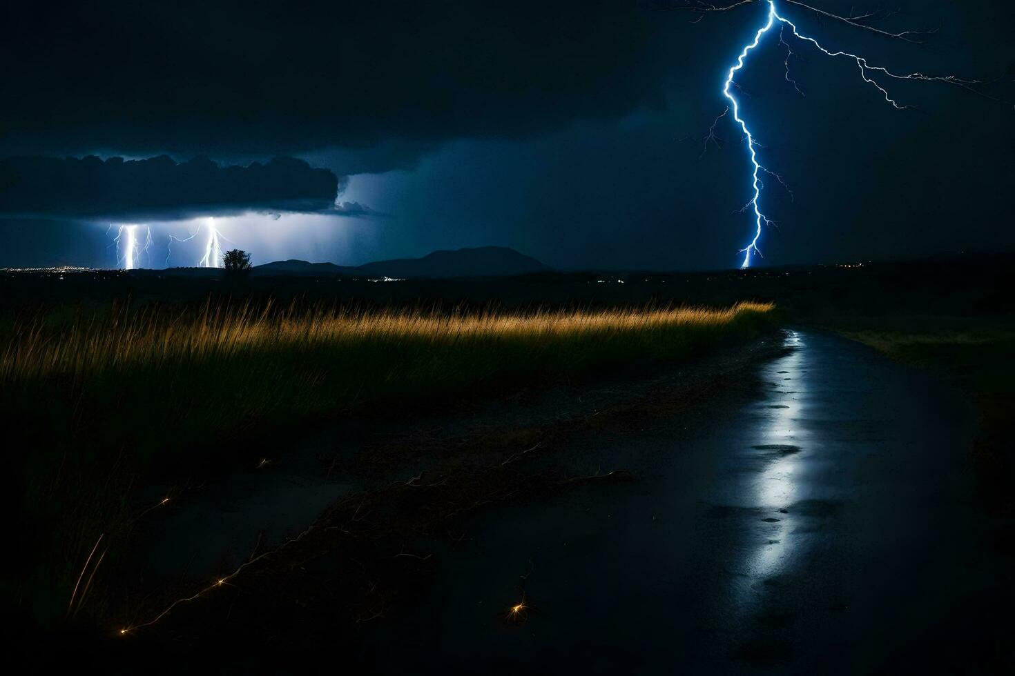 ai generado relámpago huelgas terminado un campo y un la carretera foto