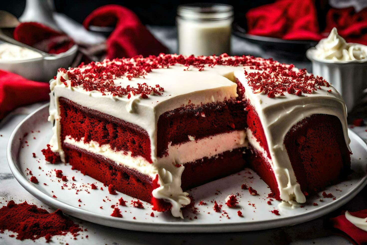 AI generated a red velvet cake with a slice taken out photo