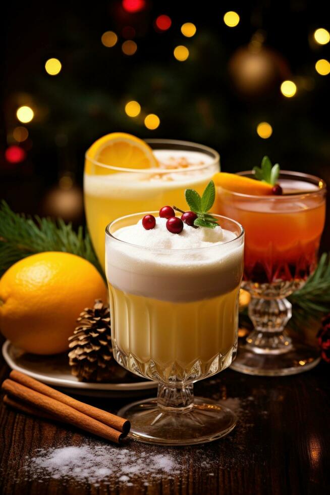 AI generated festive cocktails, including eggnog, mulled wine, and hot toddies for keeping warm on winters night. photo