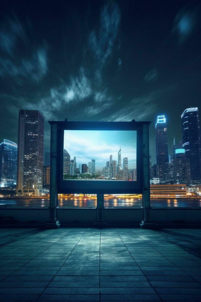 AI generated cinema screen with a cityscape in the background photo