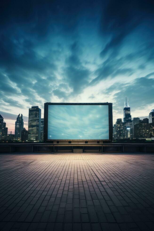 AI generated cinema screen with a cityscape in the background photo