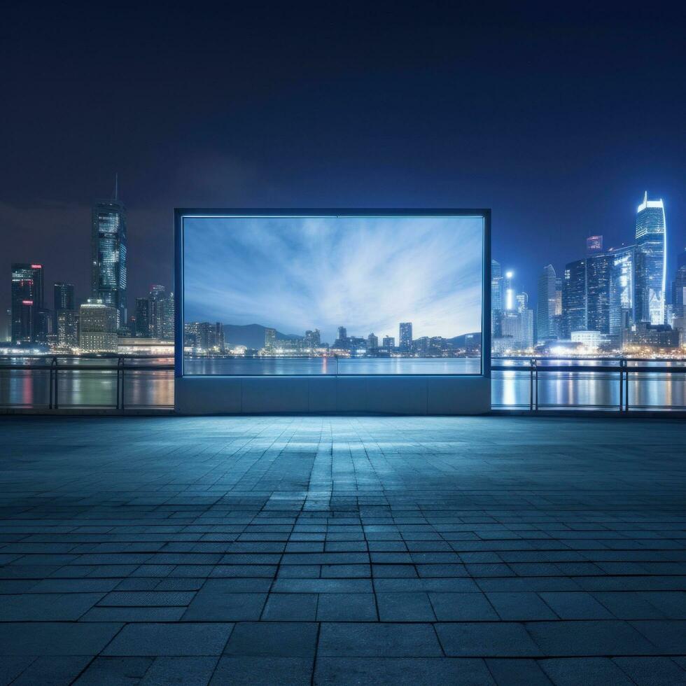 AI generated cinema screen with a cityscape in the background photo