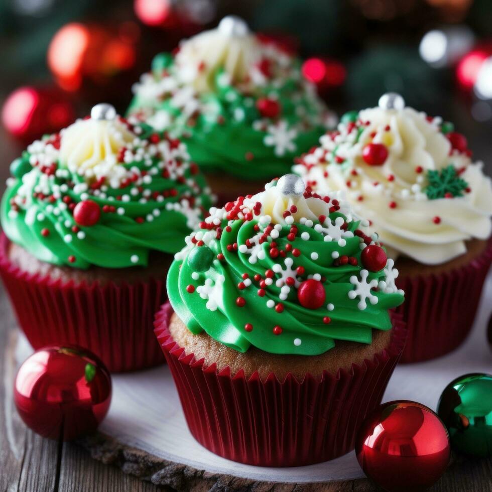 AI generated beautifully decorated cupcakes with festive red and green icing and edible Christmas decorations photo