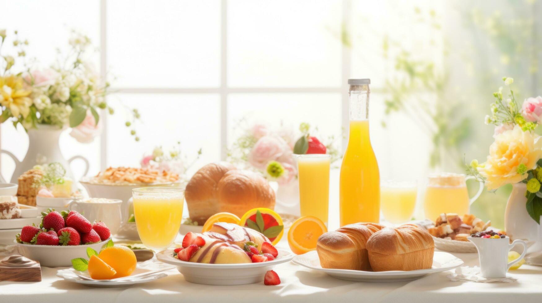 AI generated Easter brunch items, including pastries, fruits, and beverages, set against a festive background photo