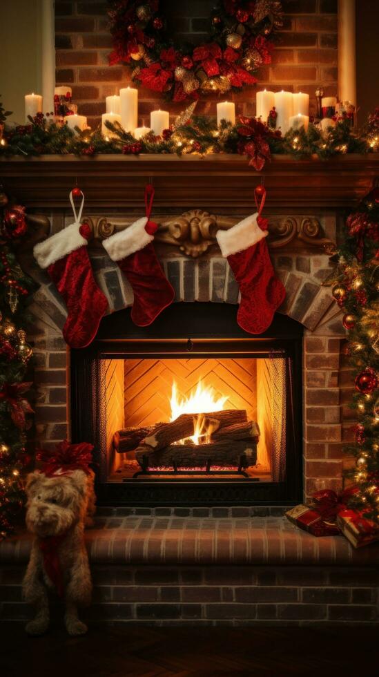 AI generated fireplace adorned with garland, twinkling lights, and stockings hung photo