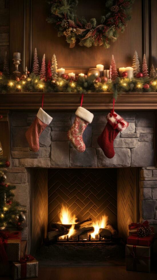 AI generated fireplace adorned with garland, twinkling lights, and stockings hung photo