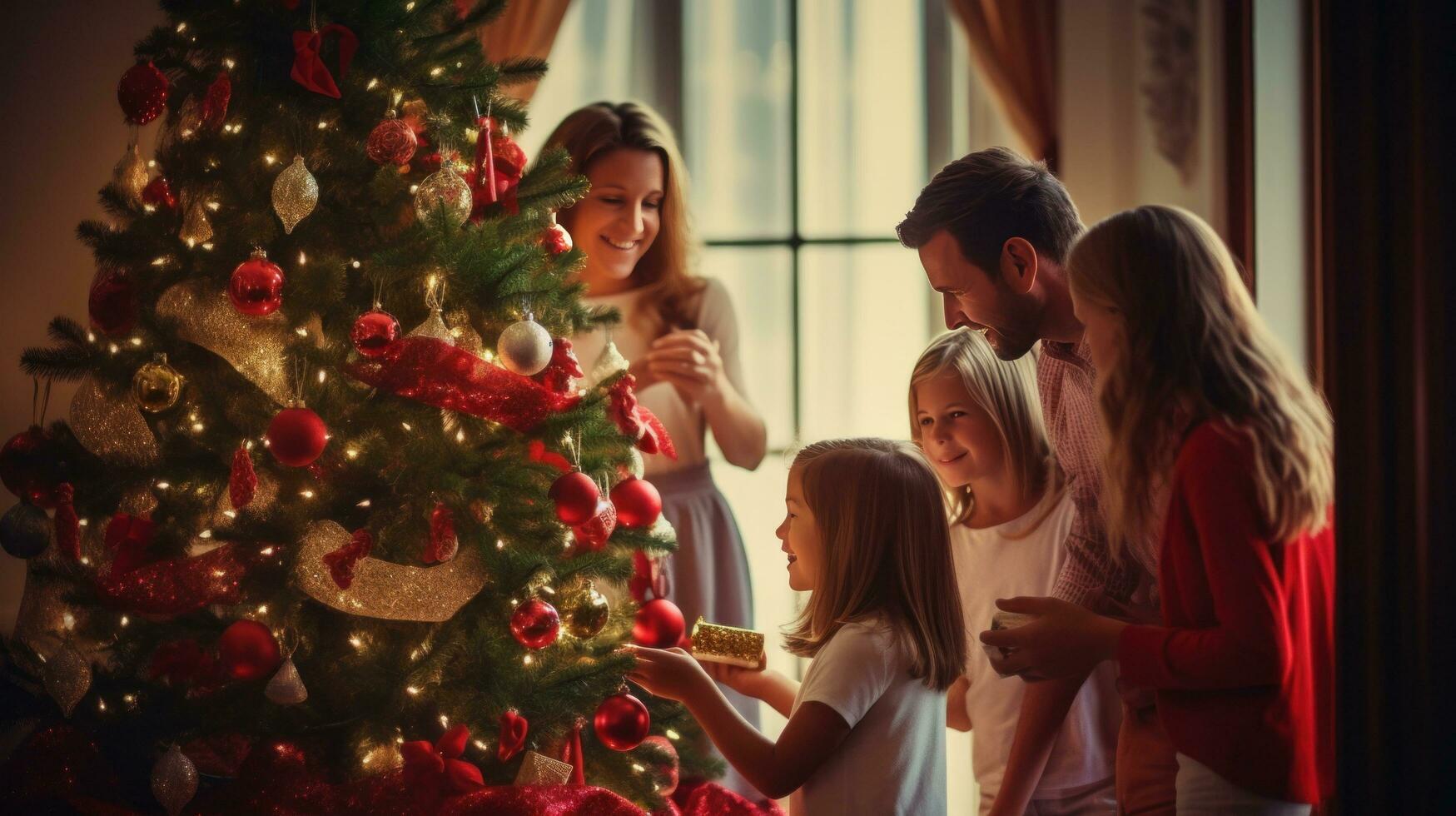 AI generated happy family gathered around a beautifully decorated Christmas tree photo