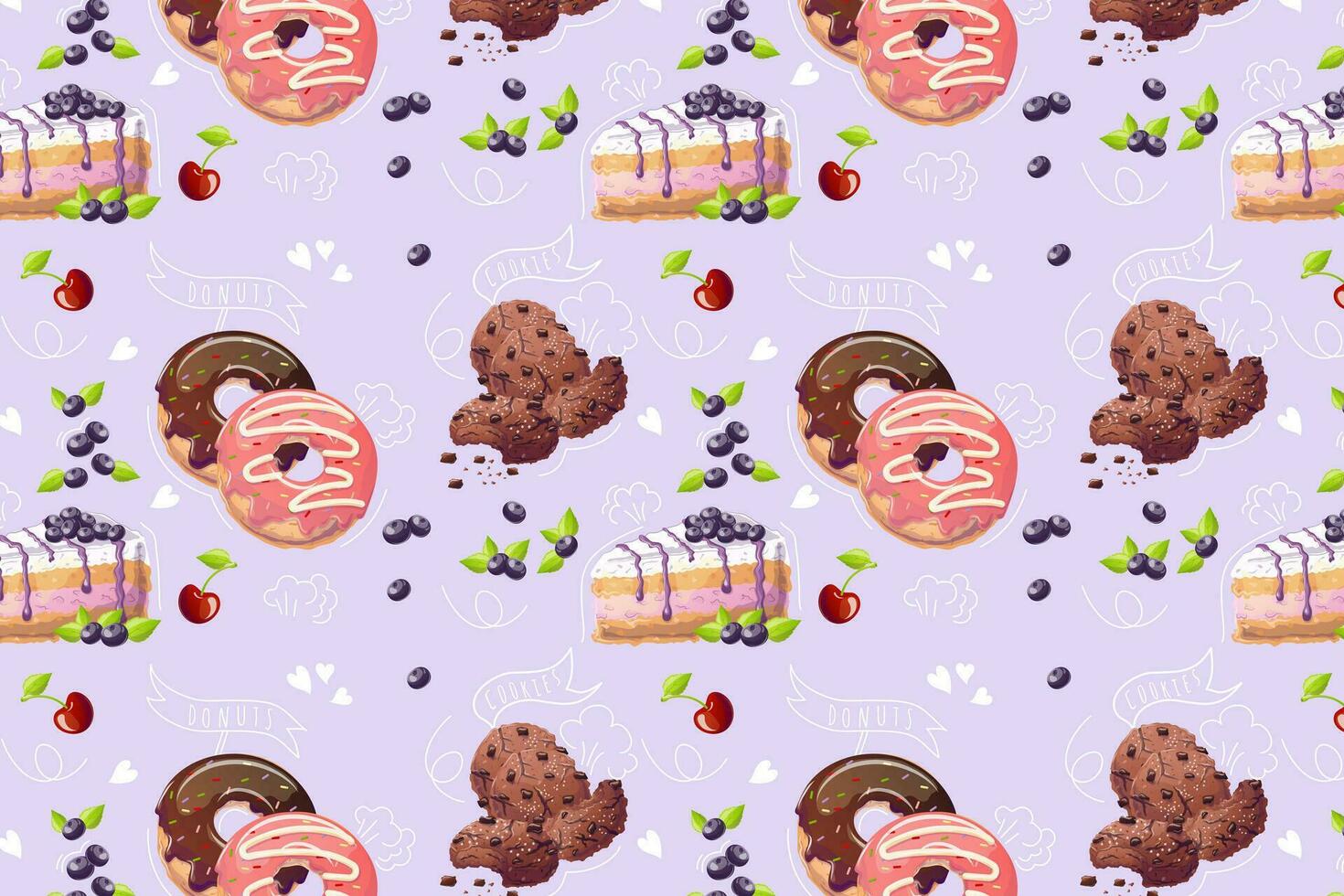 Cartoon style confectionery pattern on purple background. Doodle. Vector illustration for bakery, poster, banner, website, advertisement. Vector illustration with colorful sweet dessert.