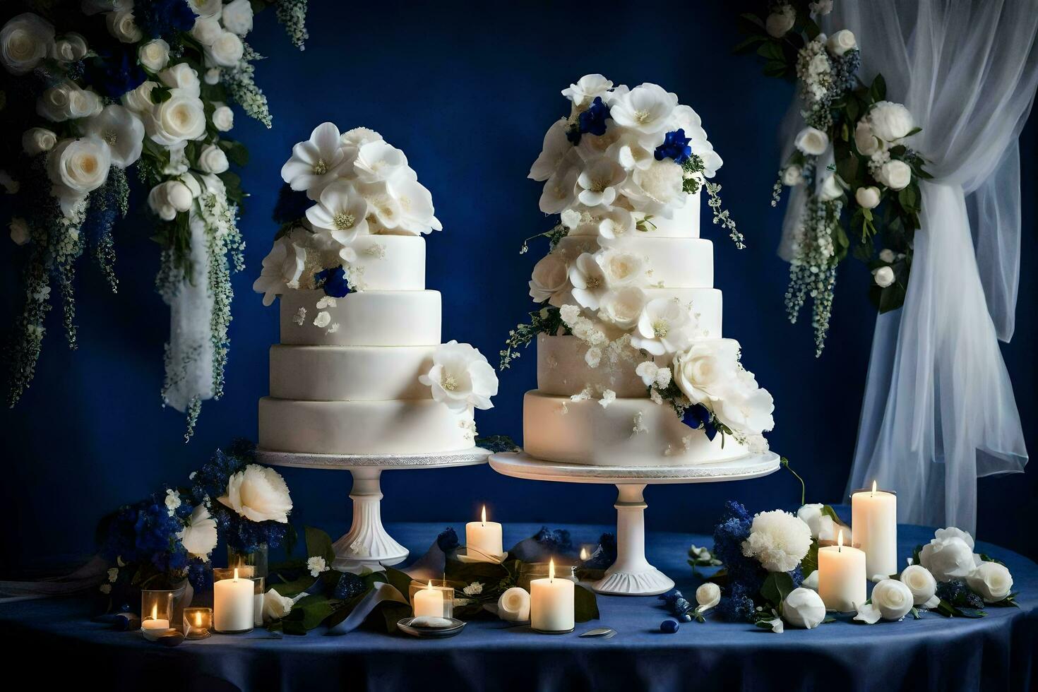 AI generated two wedding cakes are on display with candles photo