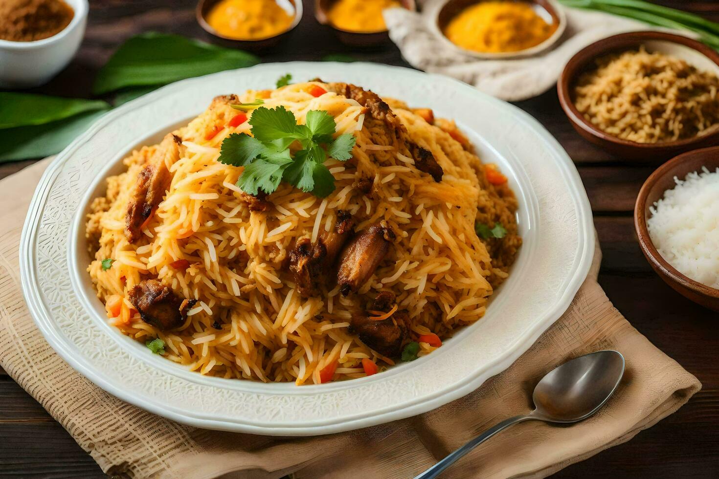 AI generated chicken biryani in a white bowl on a wooden table photo