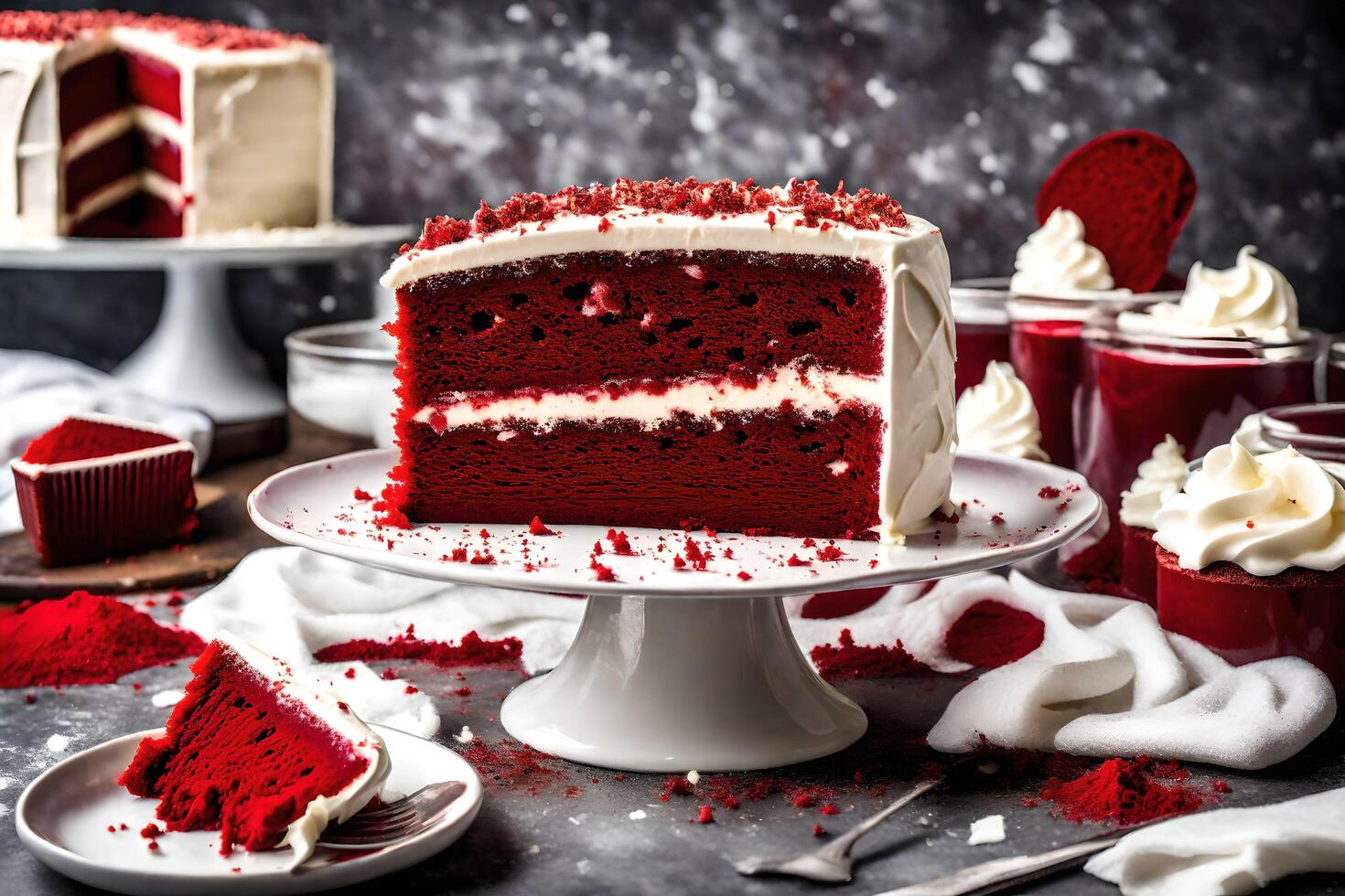 AI generated a slice of red velvet cake on a cake stand photo