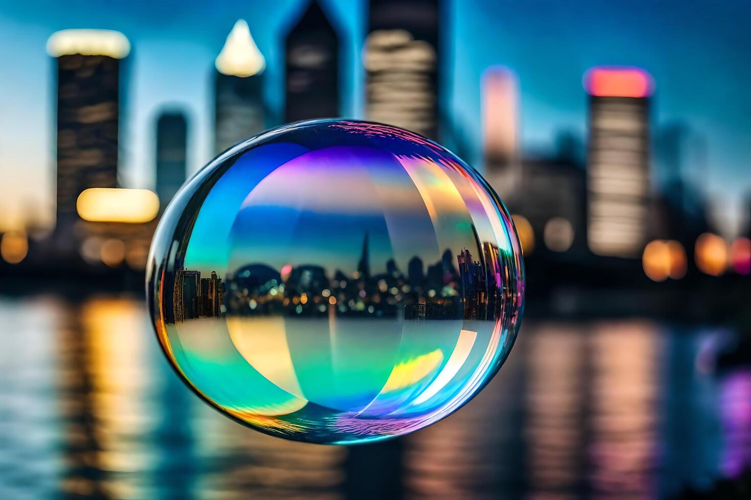 AI generated a colorful bubble with a city skyline in the background photo