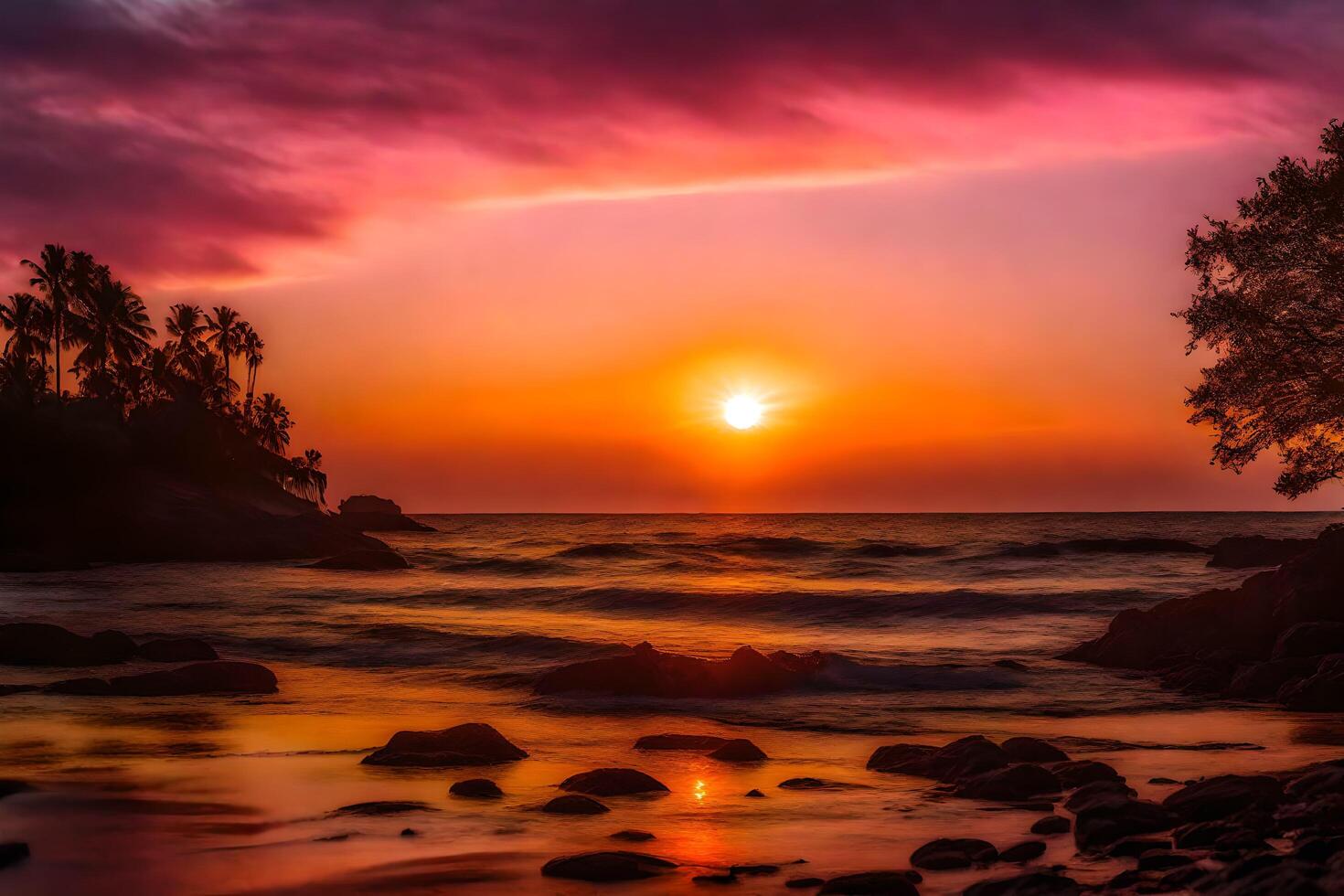 AI generated a sunset over the ocean with rocks and trees photo