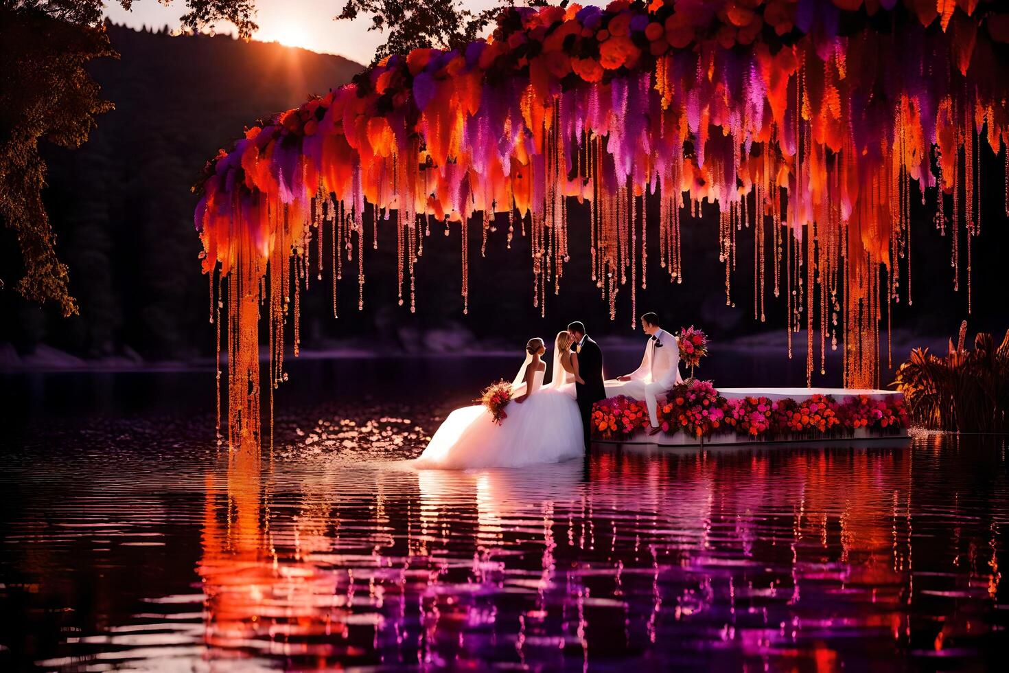 AI generated a bride and groom are standing in the water under a canopy of colorful balloons photo