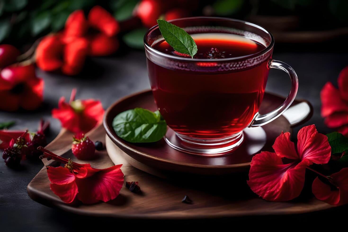 ai generado rojo té con hibisco flores en un oscuro antecedentes foto