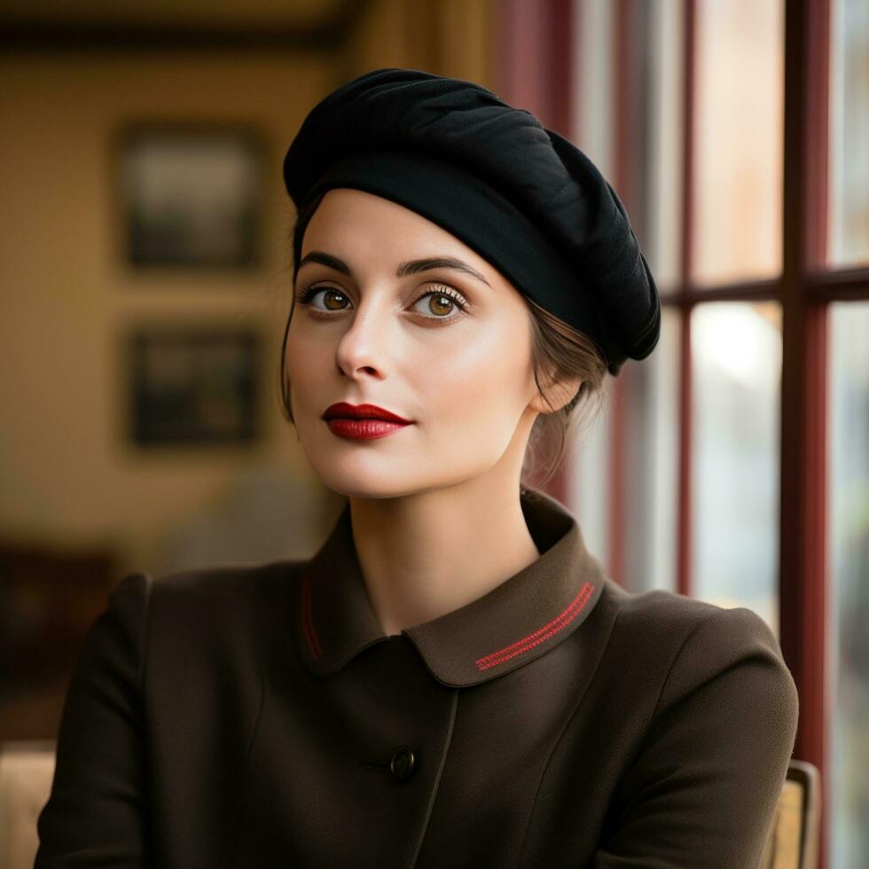 AI generated woman wearing a stylish beret, looking off into the distance with a thoughtful expression photo