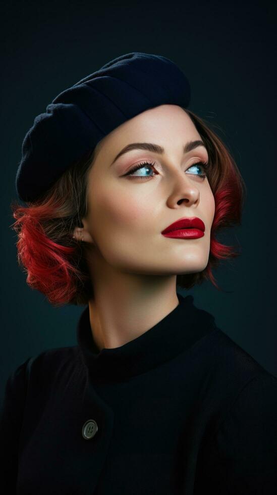 AI generated woman wearing a stylish beret, looking off into the distance with a thoughtful expression photo